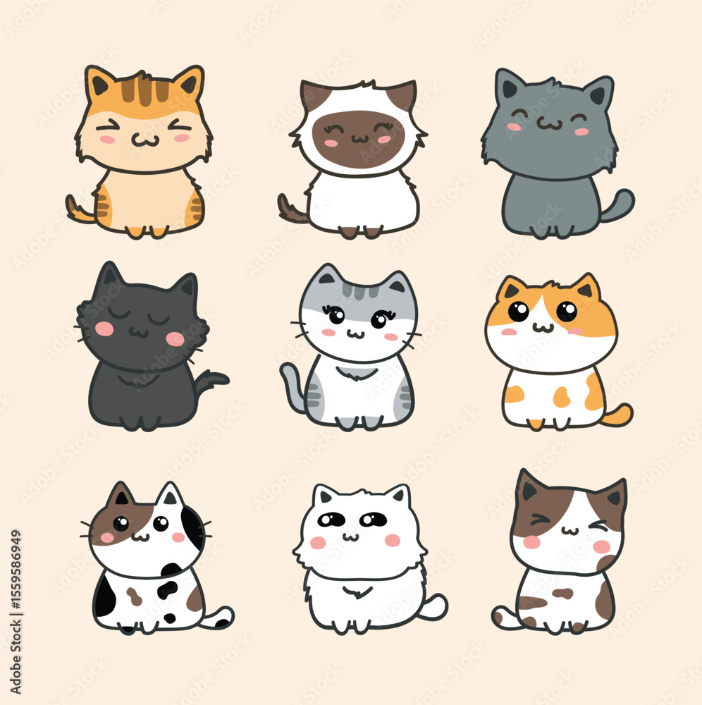 Cute cartoon cats arranged in a 3x3 grid each with unique colors and markings against a plain background