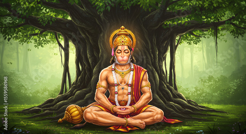 A serene depiction of Hanuman meditating peacefully beneath a large, ancient tree, surrounded by lush greenery.
