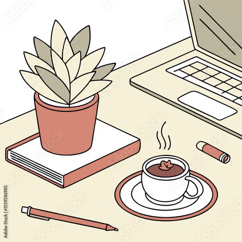 A cozy isometric illustration of a desk setup featuring a potted succulent a closed book a steaming cup of coffee a pen and a laptop
