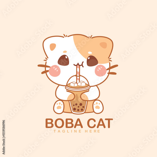 Cute cat drinking boba tea with straw round face brown eyes paws light background
