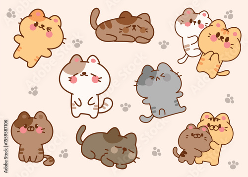 Cute cartoon cats with pink cheeks in various colors and poses on a light background with paw prints