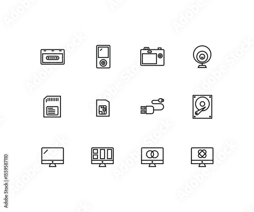A set of 12 modern outline-style icons representing digital storage, media devices, and computer hardware. Includes cassette tape, MP3 player, digital camera, webcam, memory card, SIM card, USB cable,