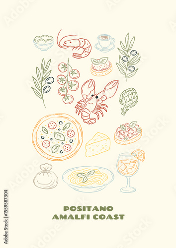 Hand drawn vintage food poster with Italian cuisine elements: pizza, pasta, seafood, cheese, olives, tomatoes, drinks. Vector illustration for kitchen, restaurant wall decor.