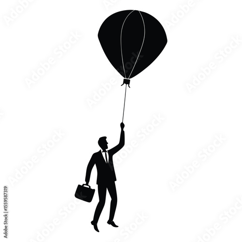 A silhouette of a businessman soaring high in a balloon-shaped lamp, symbolizing bright ideas lifting him toward success and limitless possibilities in the business world.
