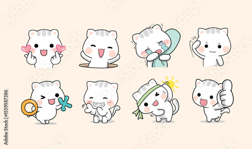 Eight cute white cat cartoon images show different emotionsactivities on a lightbeige backdrop