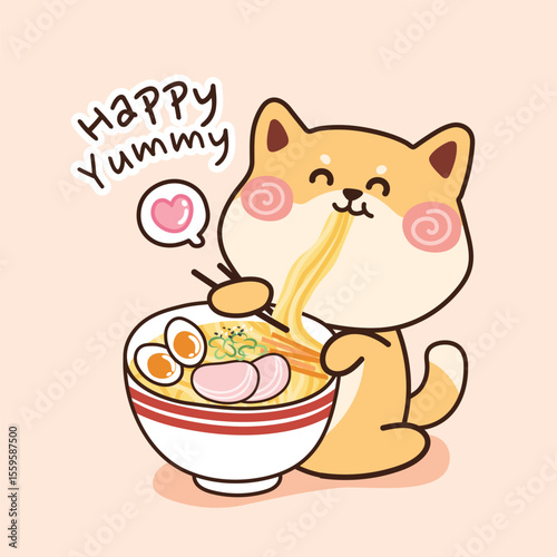 Shiba Inu enjoying ramen with text Happy Yummy and heartshaped thought bubble