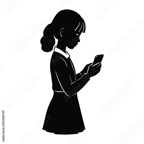 A sleek silhouette of a girl absorbed in her smartphone, her posture relaxed, fingers tapping the screen, capturing a modern moment of connection and curiosity.
