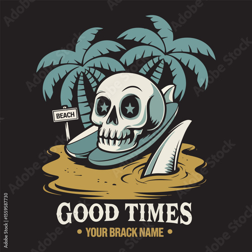 Cool skull enjoying beach life with surfboard and palm trees, text says “Good Times,” vector illustration.