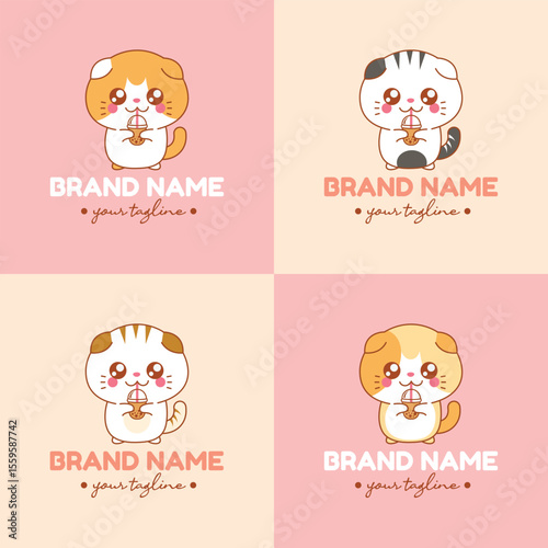Four cute cat logos with text on pastel backgrounds