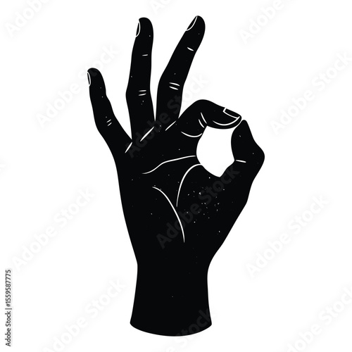 A simple black silhouette of a hand making the OK gesture, fingers forming a circle with thumb and index, symbolizing approval, agreement, or everything’s perfect.
