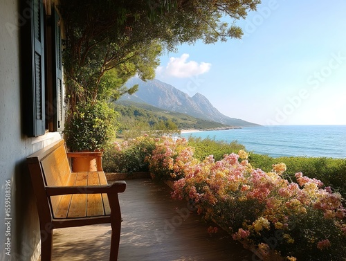 Coastal Balcony with Beautiful Flowers and Mountains View