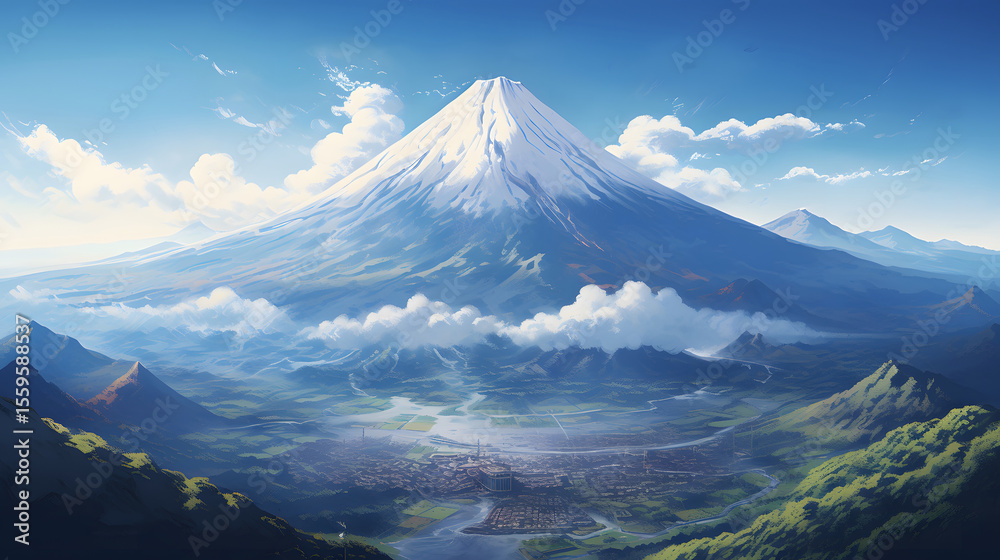 Fototapeta premium Aerial view of Mount Fuji with snow-covered peak and surrounding clouds.