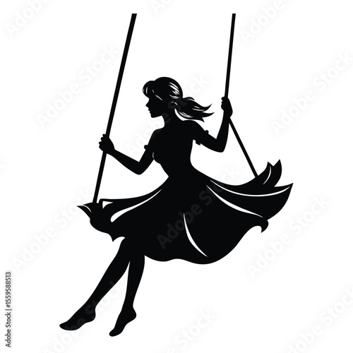 Silhouette of a woman gracefully swinging on a swing, her hair and dress flowing in motion—capturing a peaceful, carefree moment in a timeless vector style.
