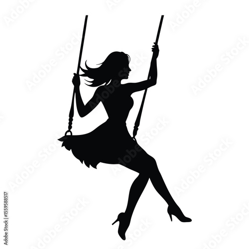 Silhouette of a woman gracefully swinging on a swing, her hair and dress flowing in motion—capturing a peaceful, carefree moment in a timeless vector style.
