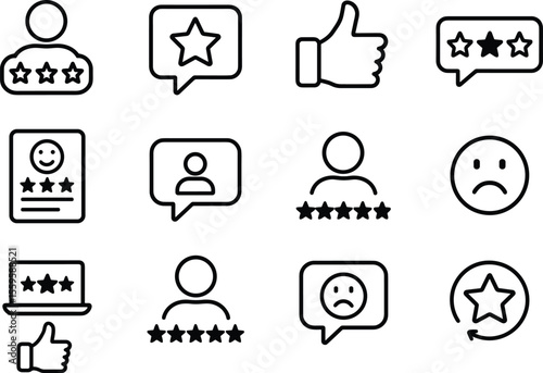 Customer Feedback Icons Set Outline Style Review Rating Satisfaction Opinion Experience Service Quality