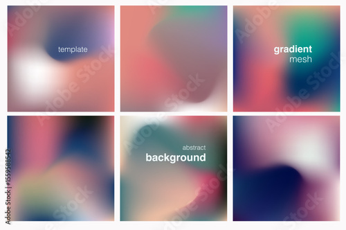 Vector illustration in trendy gradient mesh style: six square abstract backgrounds with soft, blended shapes in pink, blue, purple, green and white. Modern minimal design.