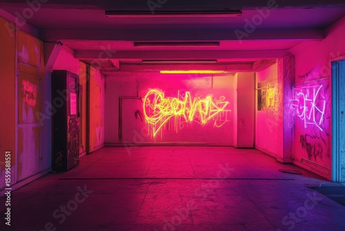 Vibrant neon graffiti illuminating abandoned walls in a secluded urban space, Vibrant neon graffiti adorning the silent walls of an empty, echoing room