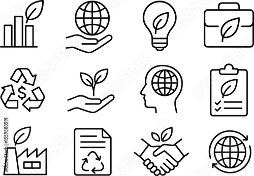Eco-Friendly Business Solutions and Sustainable Development Outline Icons Set for Environmental Care