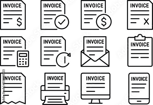 Invoice Document Icons Set Outline Style Financial Accounting Paperwork Bill Payment Receipt Business Concept