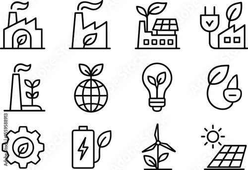 Renewable Energy Line Icons Set Depicting Factory, Plant, Solar Panel, and Windmill on Transparent Background