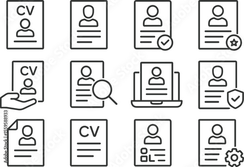 Resume CV Application Document Outline Icon Set: Job Search, Career, Employment, and Human Resources Concept