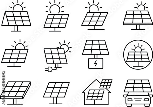 Solar Panel Technology and Renewable Energy Sources Outline Icons Set for Clean Power Generation