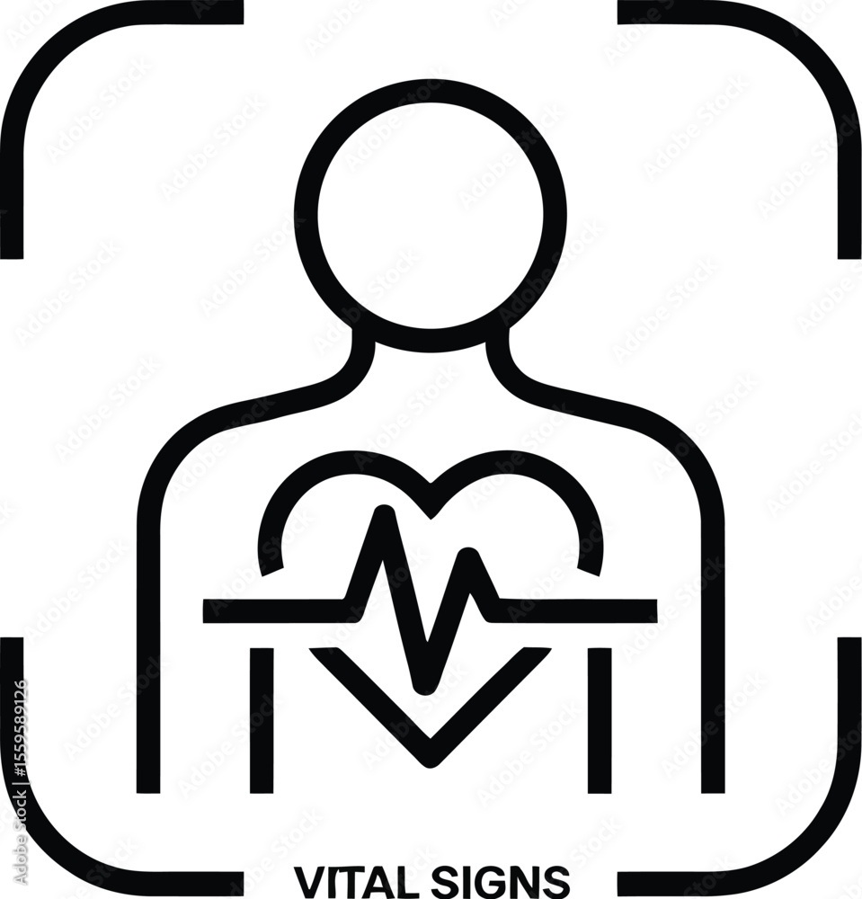 Fototapeta premium Outline of a person with heart rhythm inside a square vital signs text