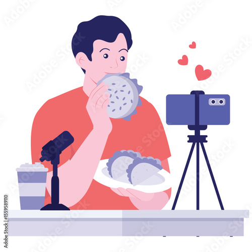 Host Live Illustration. Vector illustration of A man is recording himself enjoying food while live streaming for his audience. Isolated on background