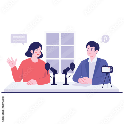 Host Live Illustration. Vector illustration of A duo records a podcast with microphones and camera in a home studio setting. Isolated on background