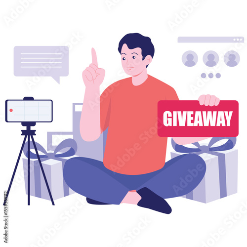 Host Live Illustration. Vector illustration of A man is announcing a giveaway while engaging viewers during a live broadcast. Isolated on background