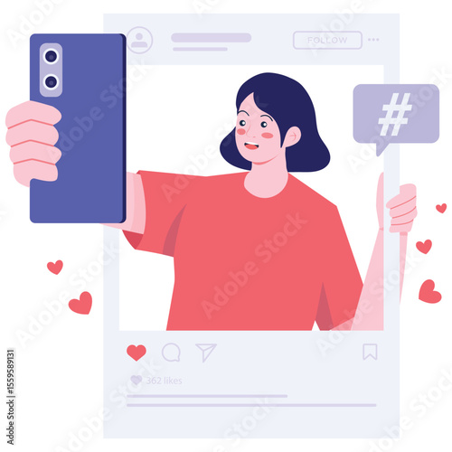 Host Live Illustration. Vector illustration of A woman takes a selfie inside a social media frame while gaining likes and attention. Isolated on background