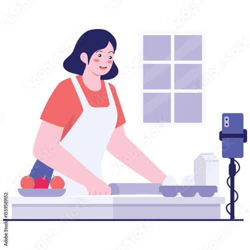 Host Live Illustration. Vector illustration of A woman prepares ingredients while filming a cooking video for her audience. Isolated on background