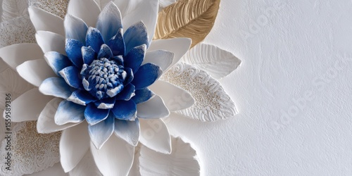Abstract white flower with blue center and gold leaf, floral wall decor art