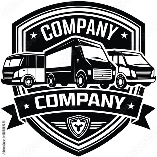 Black and white logo featuring three vehicles and company text vector