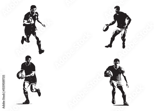 Rugby player with ball, isolated vector silhouette	
