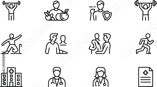 Health and wellness icons depicting fitness nutrition and medical care