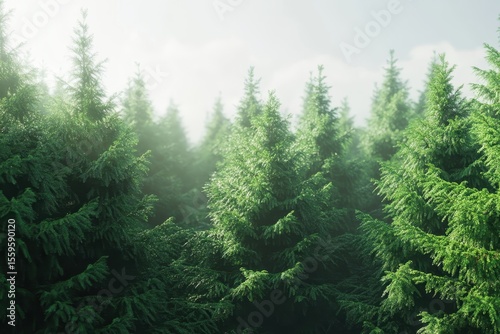 Evergreen trees amidst dense forest rotate and sway gently in the sunlight, Evergreen trees in the forest, tilt up and rotate