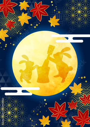 お月見背景、和柄玉、縦、イラスト、かわいい、和風、うさぎ