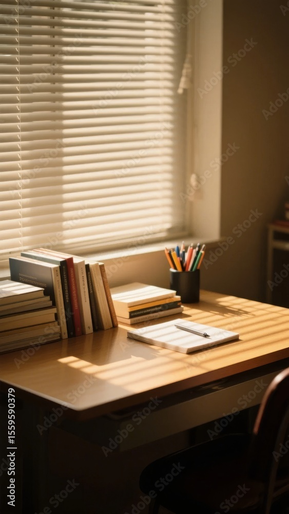 Fototapeta premium Sunlit Study Desk with Books and Stationery