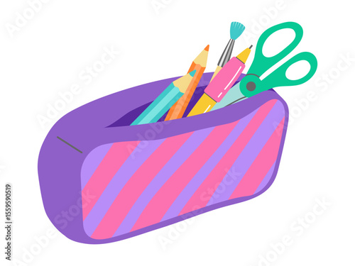 pencil holder filled with school supplies, including pencils, markers, scissors, and a paintbrush, perfect for back to school designs, educational or artistic themes.