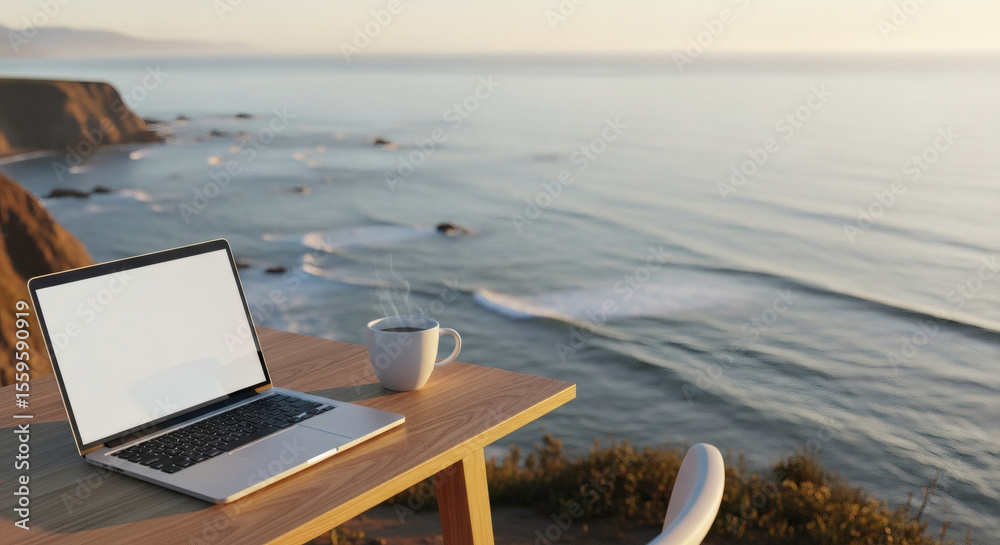 Obraz premium Laptop and Coffee Cup on Wooden Table by Ocean.