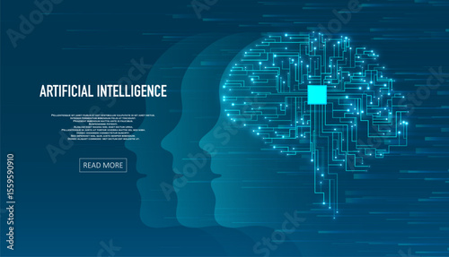 Artificial Intelligence illustration of brain. Machine learning concept. Abstract glowing brain connections. Particles liquid dynamic flow. Graphic concept for your design