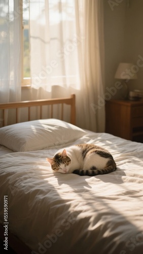 A tabby cat lounges peacefully on a sunlit bed in a cozy bedroom.