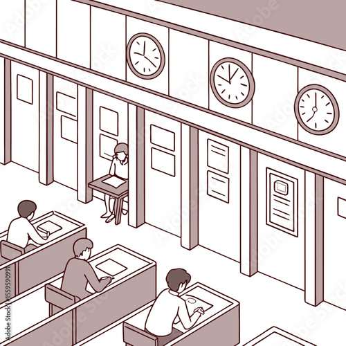 Isometric illustration of students taking an exam in a classroom with individual cubicles and clocks on the wall depicting concentration and academic pressure