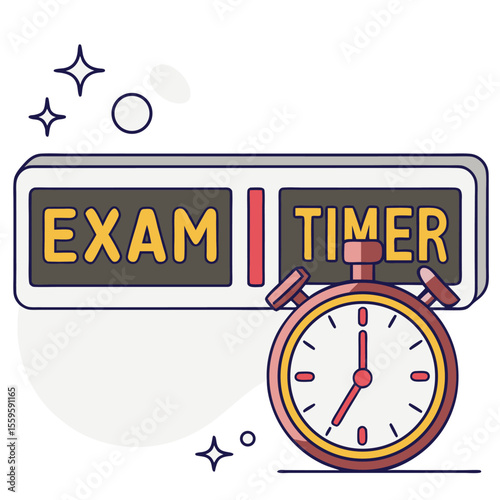 Conceptual illustration of an exam timer with a stopwatch and digital display showing the words exam and timer symbolizing time management and academic pressure