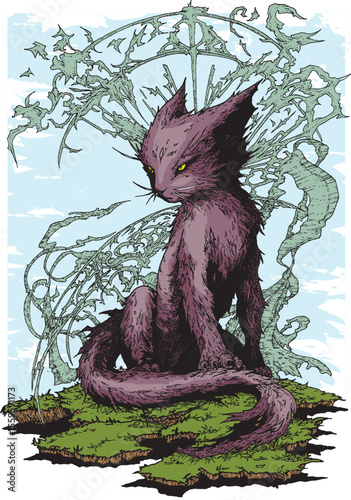 Vector image of a purple mystical fox with a powerful aura.