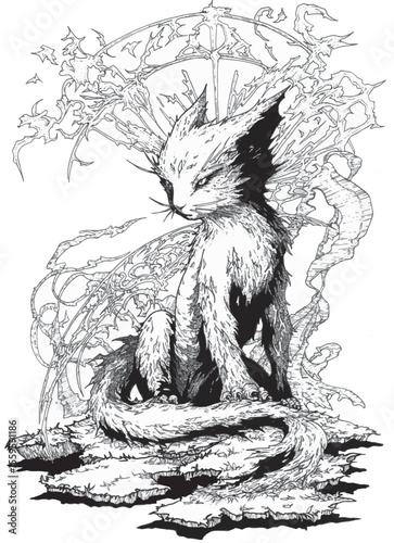 Grayscale style vector image of a mystical fox with a strong aura, suitable for fantasy story illustrations.