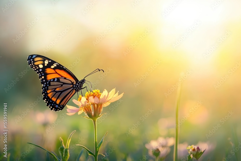 Fototapeta premium Monarch butterfly resting on a flower in a sunlit meadow, Monarch butterfly on flower in sunlit meadow
