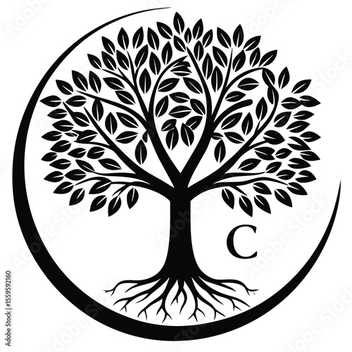 Black tree with roots and leaves inside a crescent shape with letter c branches