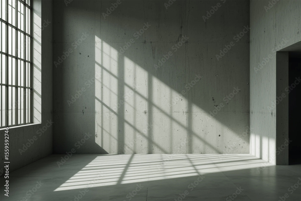 Obraz premium Sunlight Streaming Through Large Windows Casting Shadows on Concrete Walls